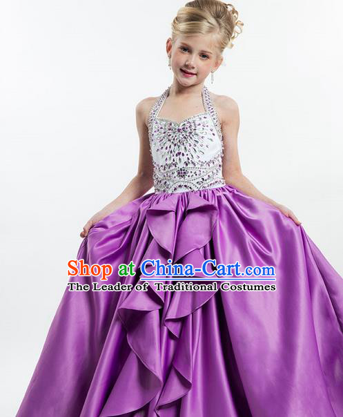 Top Grade Chinese Compere Professional Performance Catwalks Costume, Children Chorus Purple Crystal Big Swing Wedding Formal Dress Modern Dance Baby Princess Long Bubble Dress for Girls Kids