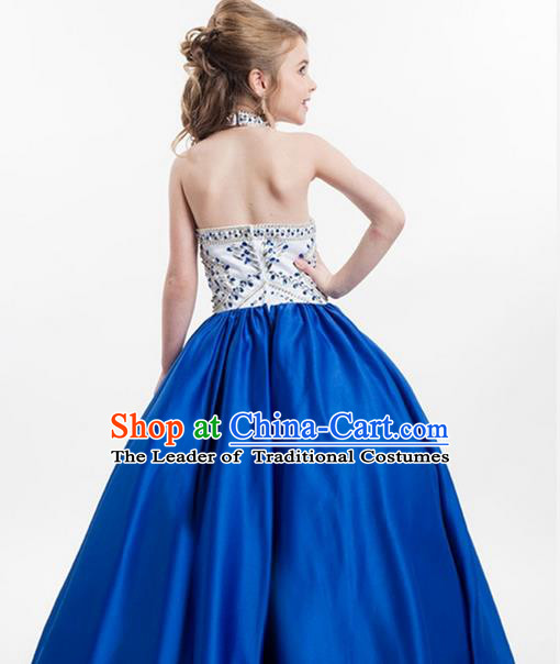 Top Grade Chinese Compere Professional Performance Catwalks Costume, Children Chorus Blue Crystal Big Swing Wedding Formal Dress Modern Dance Baby Princess Long Bubble Dress for Girls Kids