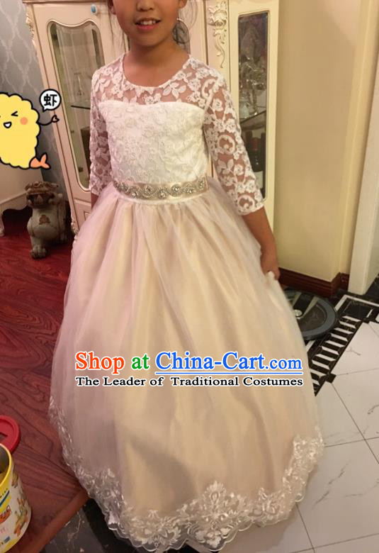 Top Grade Chinese Compere Professional Performance Catwalks Costume, Children Chorus White Lace Big Swing Wedding Formal Dress Modern Dance Baby Princess Long Bubble Dress for Girls Kids