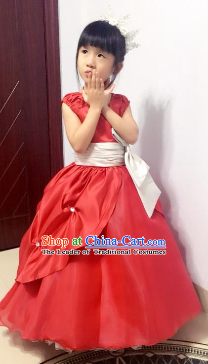 Top Grade Chinese Compere Professional Performance Piano Recital Catwalks Costume, Children Chorus Luxury Red Wedding Bubble Formal Dress Modern Dance Baby Princess Trailing Long Dress for Girls Kids