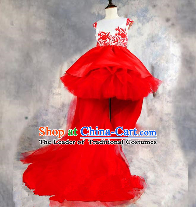 Top Grade Chinese Compere Professional Performance Catwalks Costume, Children Chorus Luxury Red Wedding Bubble Formal Dress Modern Dance Baby Princess Long Trailing Dress for Girls Kids