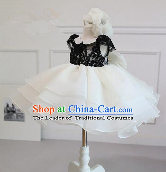 Top Grade Compere Professional Performance Catwalks Costume, Children Chorus White Lace Bubble Formal Dress Modern Dance Baby Princess Short Dress for Girls Kids