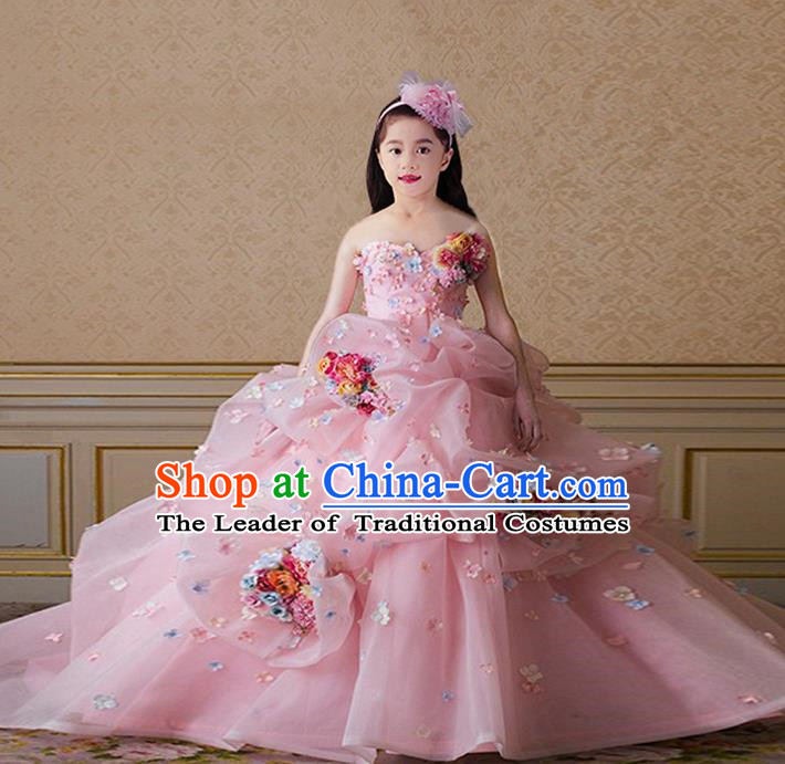 Top Grade Compere Professional Performance Catwalks Costume, Children Chorus Pink Flowers Multilayer Veil Bubble Formal Dress Modern Dance Baby Princess Big Swing Long Dress for Girls Kids