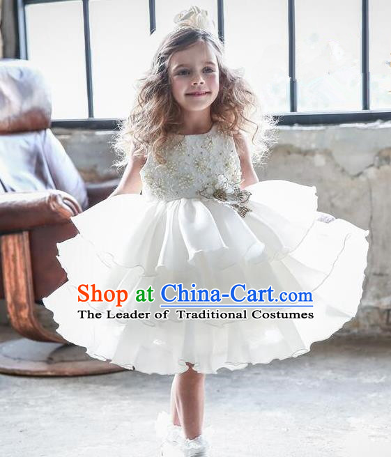 Top Grade Compere Professional Performance Catwalks Costume, Children Chorus White Beads Multilayer Veil Bubble Formal Dress Modern Dance Baby Princess Short Dress for Girls Kids