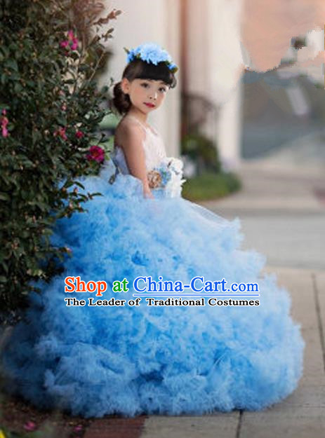 Top Grade Compere Professional Performance Catwalks Costume, Children Chorus Blue Multilayer Veil Bubble Formal Dress Modern Dance Baby Princess Big Swing Long Dress for Girls Kids