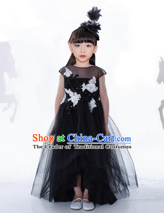 Top Grade Compere Professional Performance Catwalks Costume, Children Chorus Black Paillette Bubble Formal Dress Modern Dance Baby Princess Ball Gown Long Dress for Girls Kids