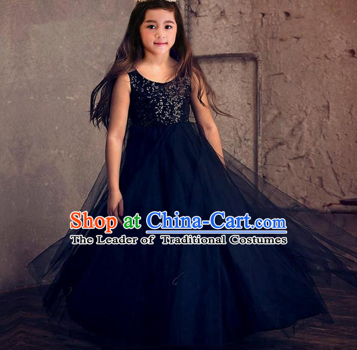 Top Grade Compere Professional Performance Catwalks Costume, Children Chorus Black Formal Dress Modern Dance Baby Princess Ball Gown Trailing Dress for Girls Kids