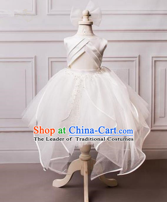 Top Grade Compere Professional Performance Catwalks Costume, Children Chorus White Wedding Veil Formal Bubble Dress Modern Dance Baby Princess Ball Gown Short Dress for Girls Kids