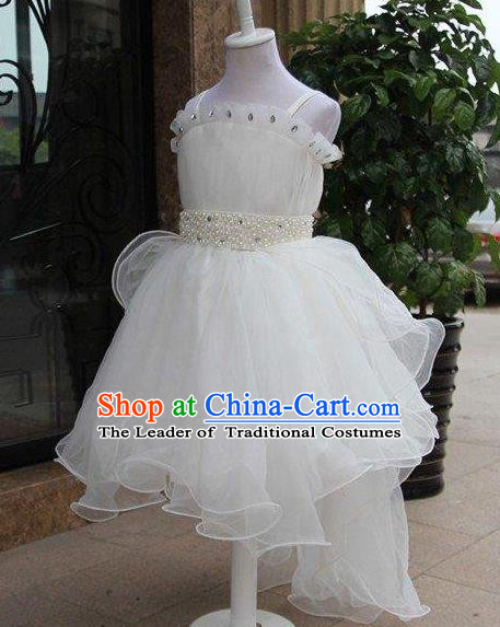 Top Grade Professional Compere Performance China Style Catwalks Costume, Children Chorus Singing Group White Bubble Full Dress Modern Dance Short Dress for Girls Kids