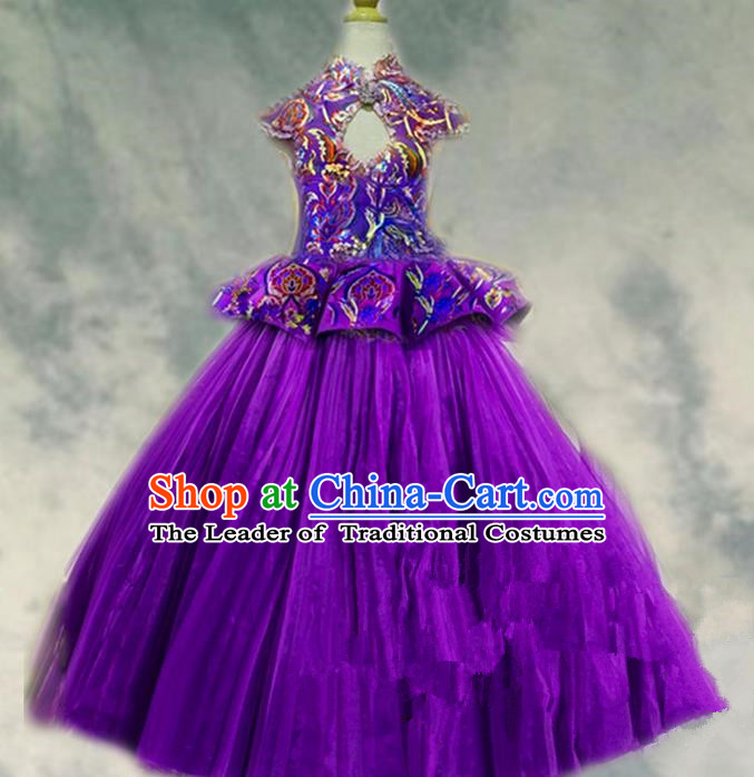Top Grade Professional Compere Performance Catwalks Costume, Children Chorus Singing Group Purple Paillette Bubble Full Dress Modern Dance Ball Gown Long Dress for Girls Kids