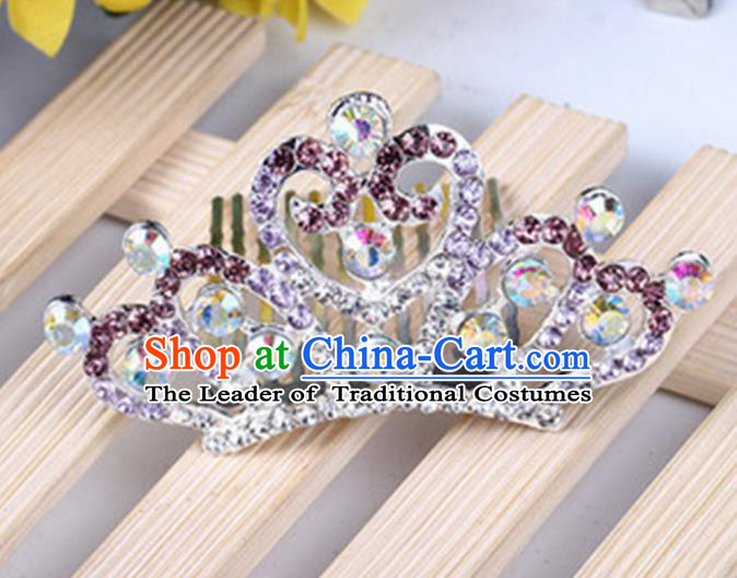 Top Grade Handmade Classical Hair Accessories, Children Baroque Style Purple Crystal Princess Royal Crown Hair Comb Jewellery for Kids Girls