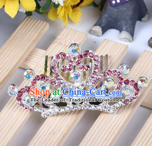 Top Grade Handmade Classical Hair Accessories, Children Baroque Style Pink Crystal Princess Royal Crown Hair Comb Jewellery for Kids Girls