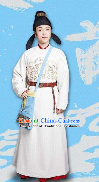 Traditional Ancient Chinese Elegant Minister Costume and Handmade Hat Complete Set, Chinese Television Drama Concubine Meng Comes Across Chinese Tang Dynasty Scholar Clothing for Men