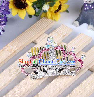 Top Grade Handmade Classical Hair Accessories, Children Baroque Style Pink Crystal Baby Princess Little Alloy Royal Crown Twist Inserted Comb Hair Comb Jewellery for Kids Girls
