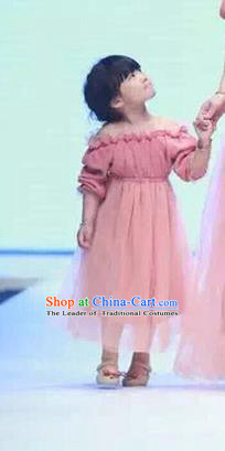 Top Grade Compere Professional Performance Catwalks Parent-child Costume, Children Chorus Pink Bubble Full Dress Modern Dance Baby Princess Modern Fancywork Ball Gown Long Dress for Women for Kids