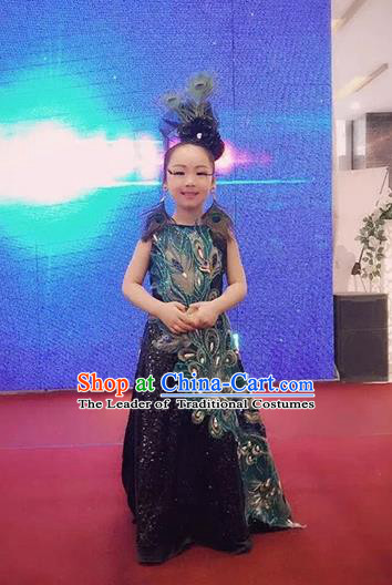 Top Grade Compere Professional Performance Catwalks Costume, Children Chorus Handmade Customize Blue Feather Peacock Full Dress Modern Dance Baby Princess Modern Fancywork Ball Gown Long Trailing Dress for Girls Kids