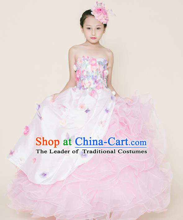 Top Grade Compere Professional Performance Catwalks Costume, Children Chorus Customize Pink Bubble Full Dress Modern Dance Baby Princess Modern Fancywork Ball Gown Long Dress for Girls Kids