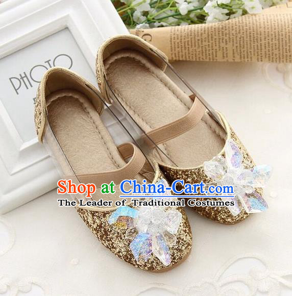 Top Grade Handmade Classical Crystal Shoes, Children Baroque Style Wedding Princess Golden Dance Shoes for Kids Girls