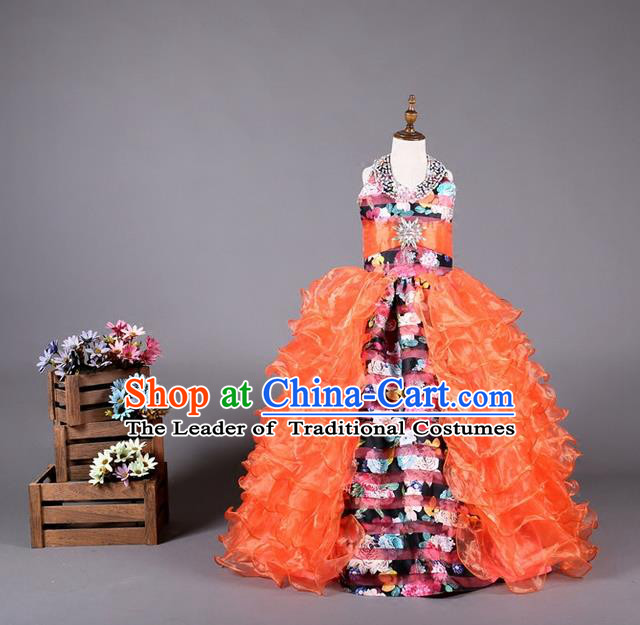 Top Grade Compere Professional Performance Catwalks Costume, Children Chorus Customize Red Flowers Bubble Full Dress Modern Dance Baby Princess Modern Fancywork Long Ball Gown Dress for Girls Kids