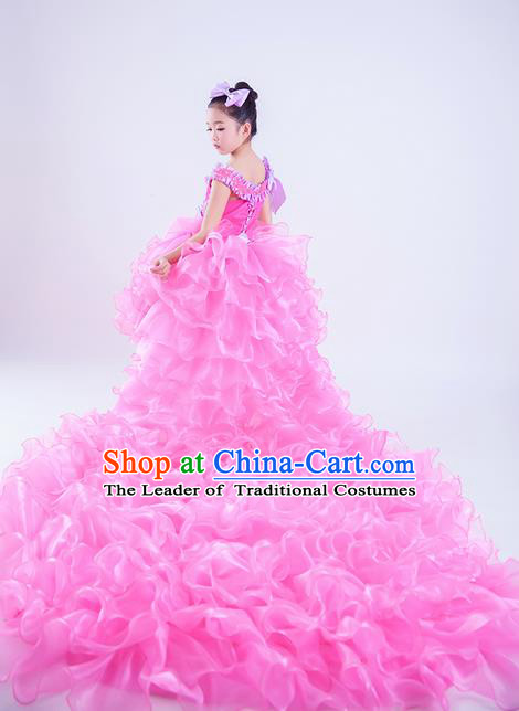 Top Grade Compere Professional Performance Catwalks Costume, Children Chorus Pink Veil Wedding Bubble Trailing Full Dress Modern Dance Baby Princess Modern Fancywork Short Ball Gown Dress for Girls Kids