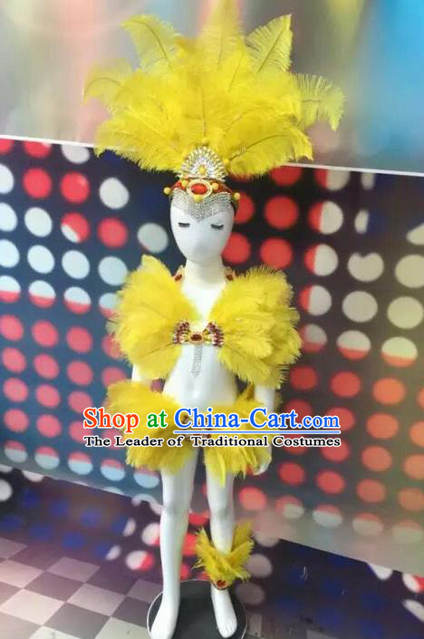 Top Grade Compere Professional Performance Catwalks Swimsuit Bikini Costume, Children Chorus Customize Yellow Feather Full Dress Modern Dance Baby Princess Modern Fancywork Long Trailing Clothing Complete Set for Girls Kids