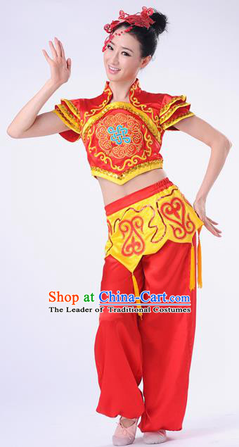 Traditional Chinese Classical Dance Yangge Fan Dancing Costume, Folk Dance Drum Dance Yangko Red Costume Complete Set For Women