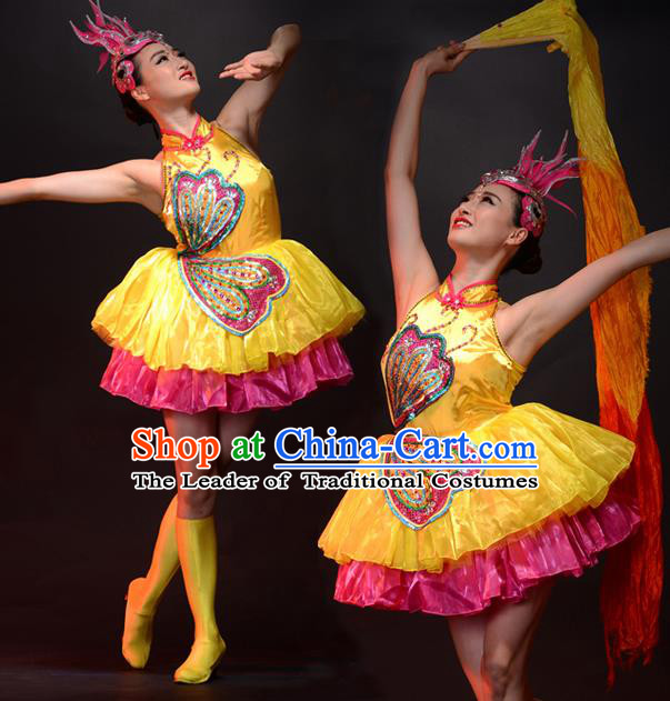 Traditional Chinese Classical Dance Fan Dancing Umbrella Dance Costume, Folk Dance Drum Dance Uniform Yangko Bubble Dress for Women