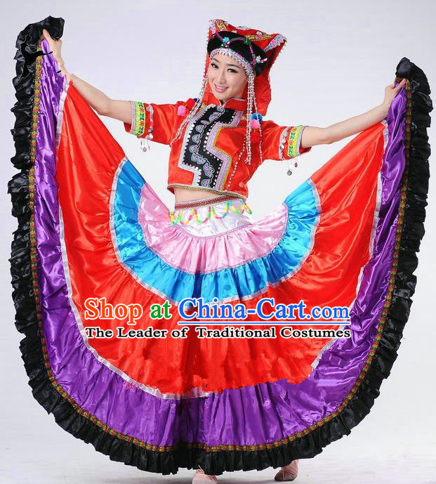 Traditional Chinese Yi Nationality Dancing Costume, Yi Zu Female Folk Dance Ethnic Big Swing Pleated Skirt, Chinese Yi Minority Nationality Embroidery Costume for Women