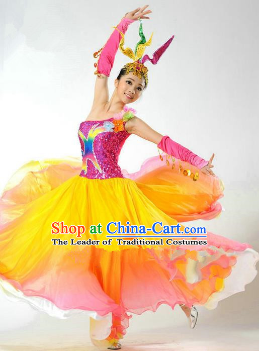 Chinese Classic Stage Performance Chorus Singing Group Dance Costumes, Opening Dance Folk Dance Dress, Classic Dance Clothing for Women