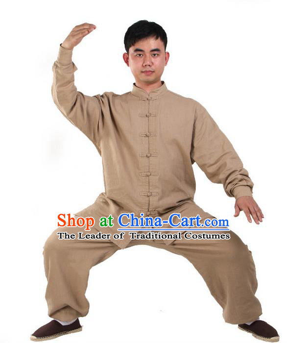 Top Kung Fu Costume Pulian Clothing Martial Arts Khaki Suits, Training Costume Tai Ji Uniforms Gongfu Shaolin Wushu Tai Chi Clothing for Men