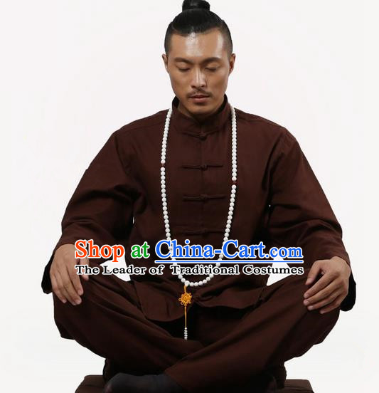 Top Grade Kung Fu Costume Martial Arts Coffee Linen Suits Pulian Zen Clothing, Training Costume Tai Ji Uniforms Gongfu Shaolin Wushu Tai Chi Clothing for Men
