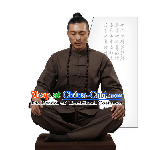 Top Grade Kung Fu Costume Martial Arts Brown Linen Suits Pulian Zen Clothing, Training Costume Tai Ji Uniforms Gongfu Shaolin Wushu Tai Chi Clothing for Men