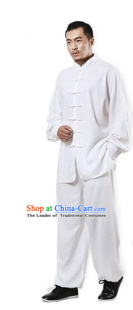 Top Grade Kung Fu Costume Martial Arts White Linen Suits Pulian Zen Clothing, Training Costume Tai Ji Uniforms Gongfu Shaolin Wushu Tai Chi Plated Buttons Clothing for Men