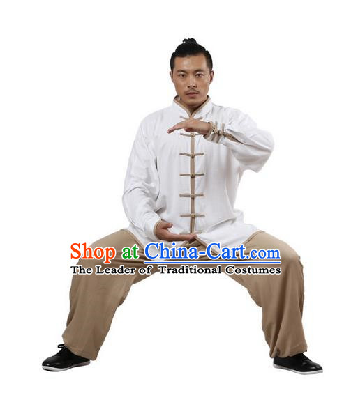 Top Grade Kung Fu Costume Martial Arts White Khaki Edge Suits Pulian Zen Clothing, Training Costume Tai Ji Uniforms Gongfu Shaolin Wushu Tai Chi Plated Buttons Clothing for Men