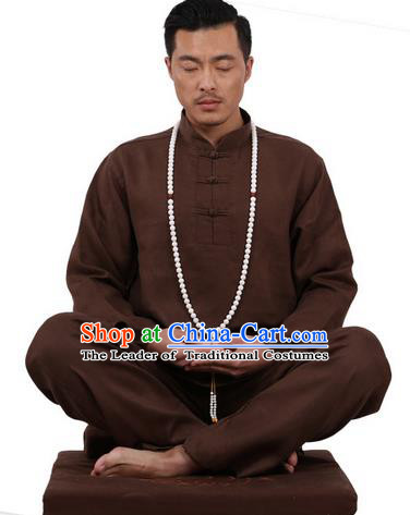 Top Grade Kung Fu Costume Martial Arts Coffee Ice Silk Linen Suits Pulian Zen Clothing, Training Costume Tai Ji Uniforms Gongfu Shaolin Wushu Tai Chi Plated Buttons Clothing for Men