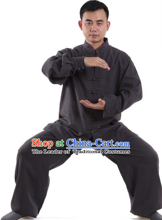 Top Kung Fu Costume Martial Arts Dark Grey Suits, Training Costume Tai Ji Uniforms Pulian Clothing Gongfu Shaolin Wushu Tai Chi Clothing for Men