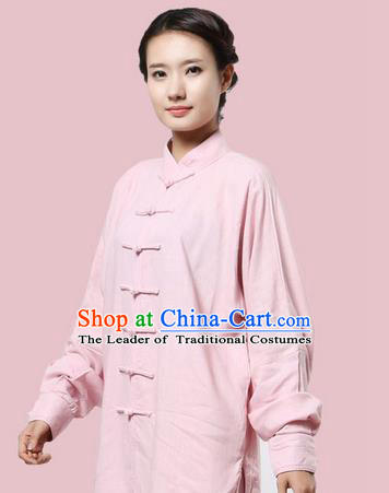 Top Grade Kung Fu Costume Martial Arts Pink Linen Suits Pulian Zen Clothing, Training Costume Tai Ji Uniforms Gongfu Shaolin Wushu Tai Chi Plated Buttons Clothing for Women