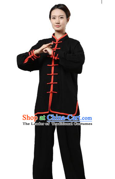 Top Grade Kung Fu Costume Martial Arts Black Red Edge Suits Pulian Zen Clothing, Training Costume Tai Ji Uniforms Gongfu Shaolin Wushu Tai Chi Plated Buttons Clothing for Women