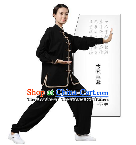 Top Grade Kung Fu Costume Martial Arts Black Grey Edge Suits Pulian Zen Clothing, Training Costume Tai Ji Uniforms Gongfu Shaolin Wushu Tai Chi Plated Buttons Clothing for Women