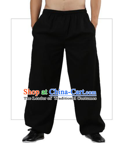 Top Grade Kung Fu Costume Martial Arts Black Linen Pants Pulian Zen Clothing, Training Bloomers Gongfu Trousers Shaolin Wushu Tai Chi Plus Fours for Men