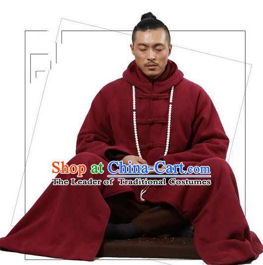 Top Kung Fu Costume Martial Arts Wine Red Cloak Pulian Clothing, Tai Ji Mantle Gongfu Shaolin Wushu Tai Chi Meditation Plated Buttons Cape for Women for Men