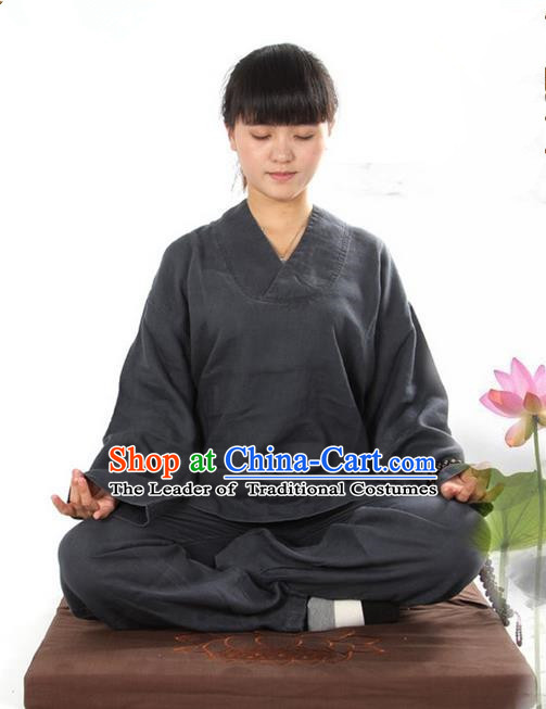 Top Grade Kung Fu Costume Martial Arts Linen Meditation Suits Pulian Zen Clothing, Training Costume Tai Ji Deep Grey Uniforms Gongfu Shaolin Wushu Tai Chi Clothing for Women