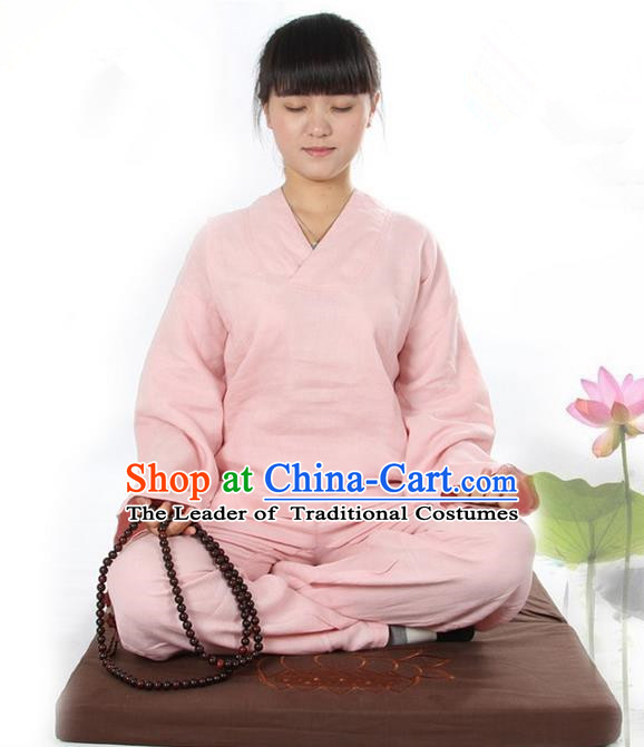 Top Grade Kung Fu Costume Martial Arts Linen Meditation Suits Pulian Zen Clothing, Training Costume Tai Ji Pink Uniforms Gongfu Shaolin Wushu Tai Chi Clothing for Women
