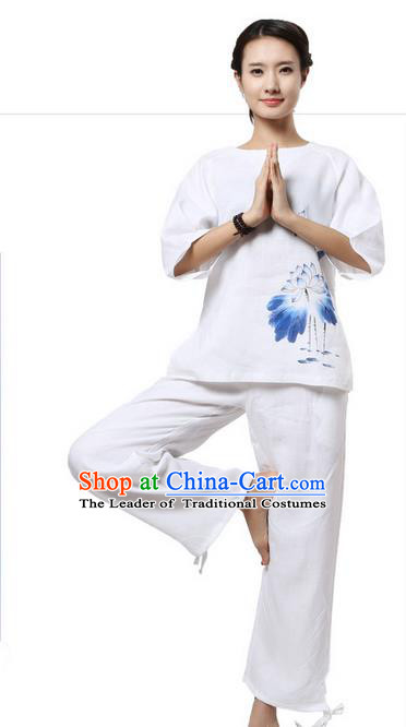 Top Grade Kung Fu Costume Martial Arts White Painting Lotus Linen Suits Pulian Zen Clothing, Training Costume Tai Ji Meditation Uniforms Gongfu Shaolin Wushu Tai Chi Plated Buttons Clothing for Women