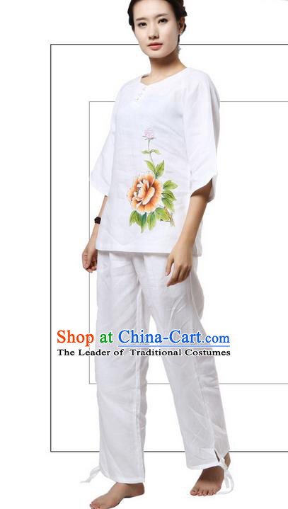 Top Grade Kung Fu Costume Martial Arts White Painting Peony Linen Suits Pulian Zen Clothing, Training Costume Tai Ji Meditation Uniforms Gongfu Shaolin Wushu Tai Chi Plated Buttons Clothing for Women