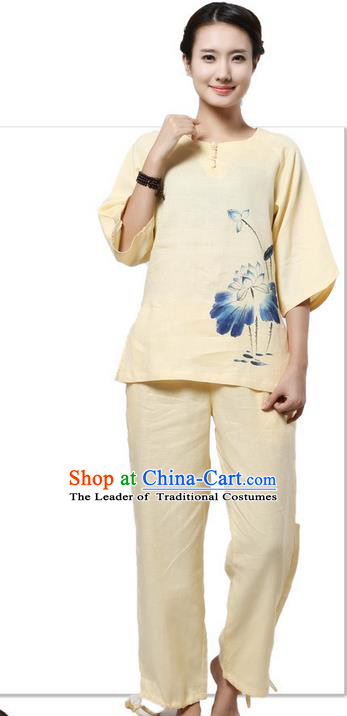 Top Grade Kung Fu Costume Martial Arts Light Yellow Painting Lotus Linen Suits Pulian Zen Clothing, Training Costume Tai Ji Meditation Uniforms Gongfu Shaolin Wushu Tai Chi Plated Buttons Clothing for Women