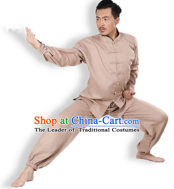 Top Grade Kung Fu Costume Martial Arts Khaki Linen Suits Pulian Zen Clothing, Training Costume Tai Ji Meditation Uniforms Gongfu Wushu Tai Chi Plated Buttons Clothing for Men