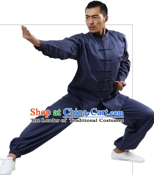 Top Grade Kung Fu Costume Martial Arts Navy Linen Suits Pulian Zen Clothing, Training Costume Tai Ji Meditation Uniforms Gongfu Wushu Tai Chi Plated Buttons Clothing for Men