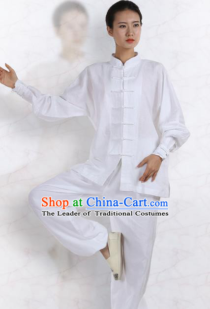 Top Grade Kung Fu Costume Martial Arts White Linen Suits Pulian Zen Clothing, Training Costume Tai Ji Meditation Uniforms Gongfu Wushu Tai Chi Plated Buttons Clothing for Women