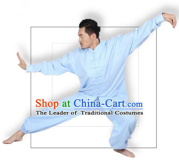 Top Grade Kung Fu Costume Martial Arts Blue Linen Suits Pulian Zen Clothing, Training Costume Tai Ji Meditation Uniforms Gongfu Wushu Tai Chi Plated Buttons Clothing for Men